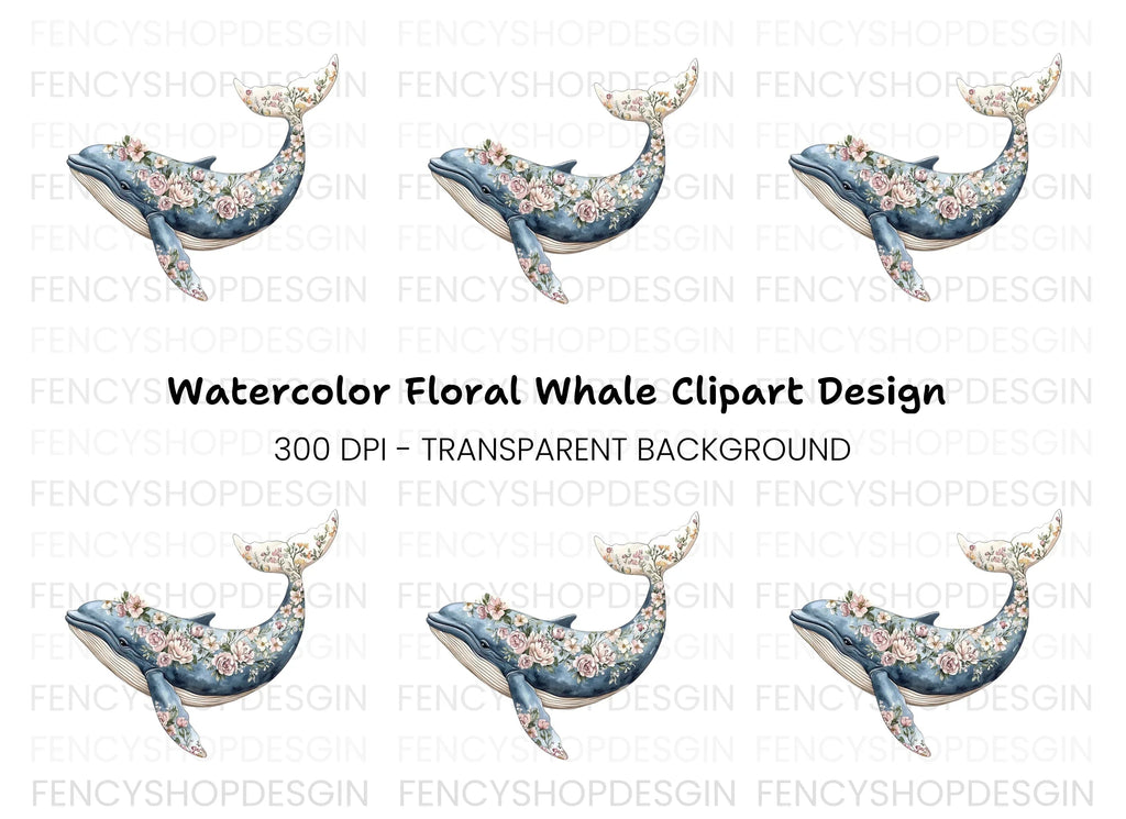 Floral Whale Clipart Bundle