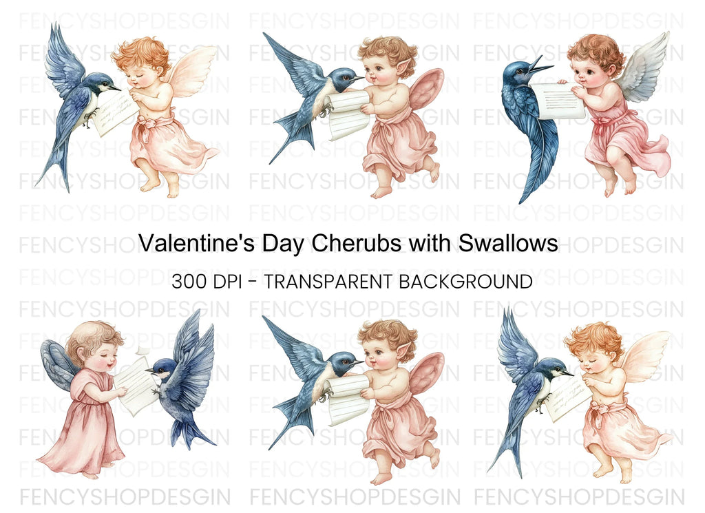 Cute Cherubs with Birds and Scrolls Clipart Bundle