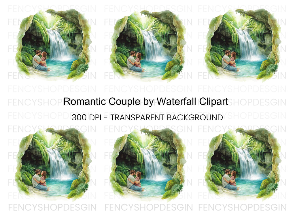 Romantic Couple Jungle Waterfall Clipart Bundle
