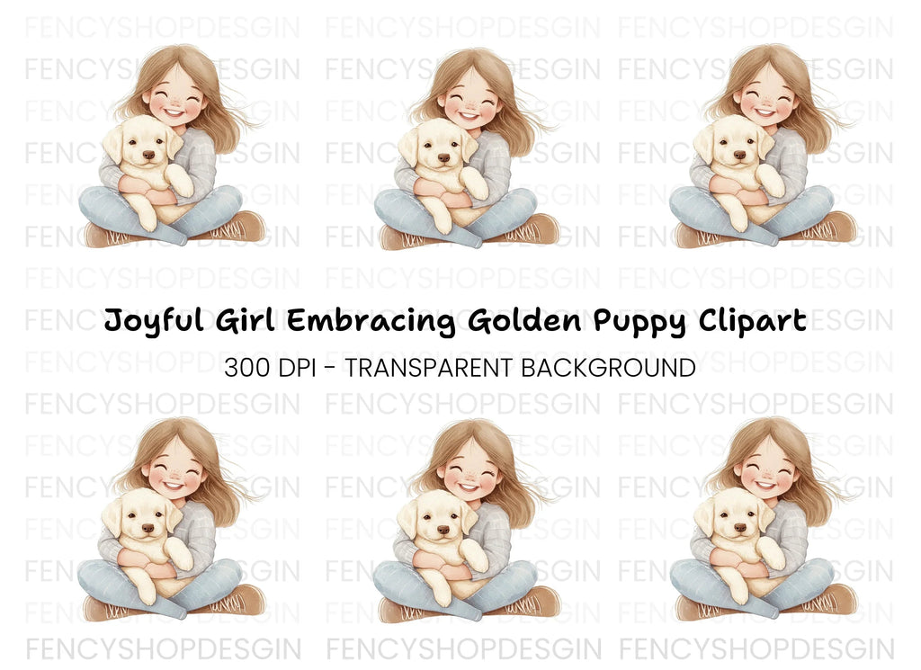 Happy Girl Cuddling Puppy Clipart Bundle