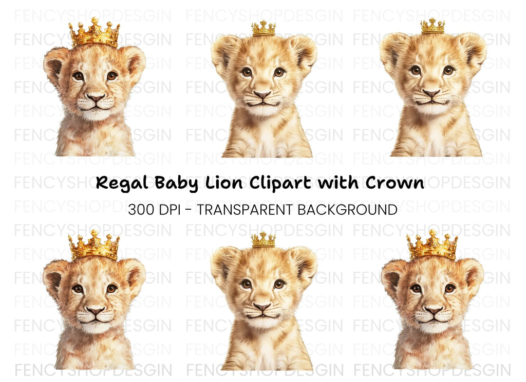 Adorable Lion Cub with Crown Clipart Bundle
