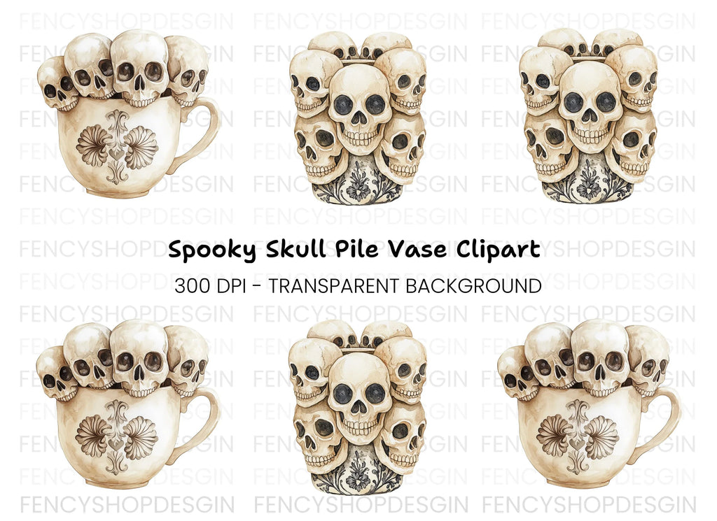 Skulls in Teacup Illustration Clipart Bundle