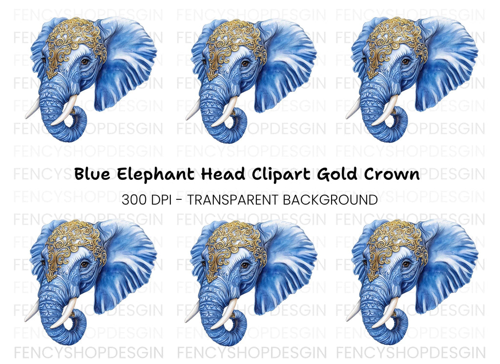 Ornate Blue Elephant Head Clipart Bundle