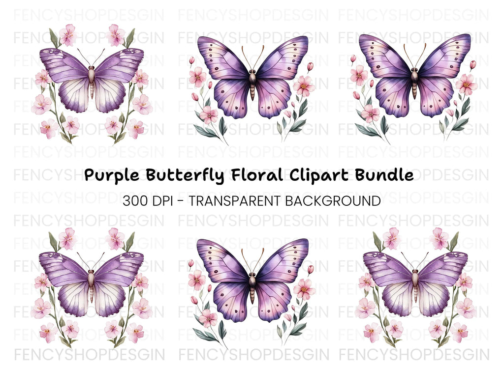 Purple Butterfly and Floral Clipart Bundle