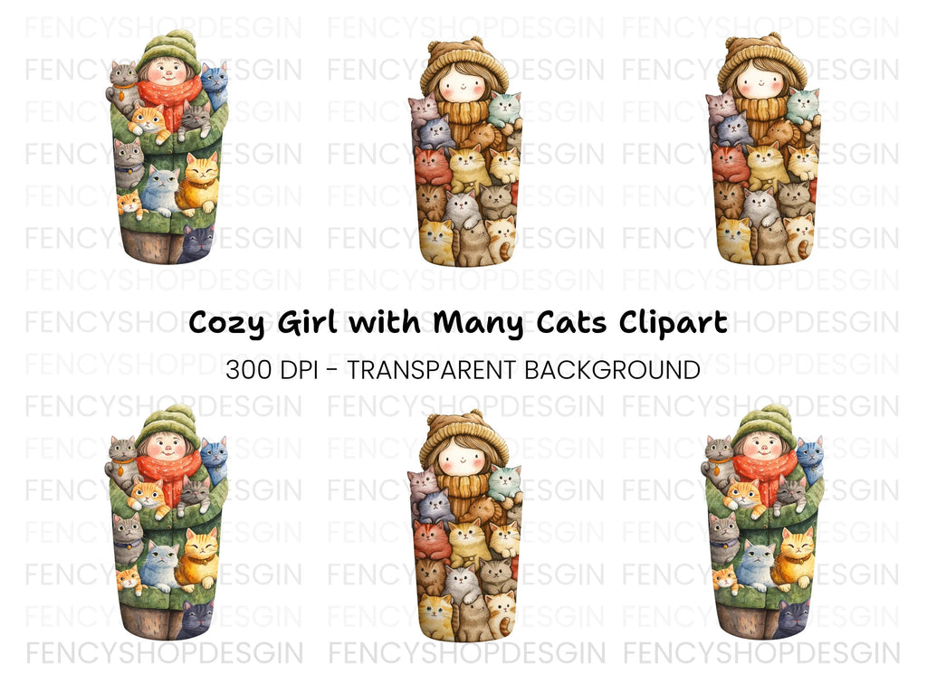 Girl Hugging Cats Clipart Bundle