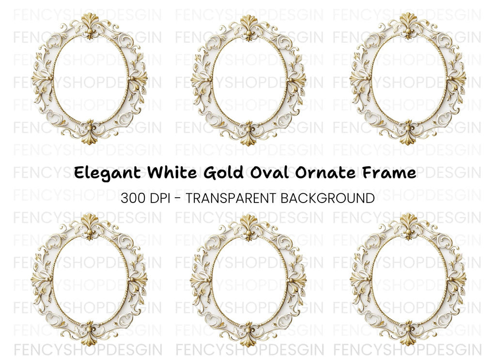 White Gold Ornate Oval Frame Clipart Bundle