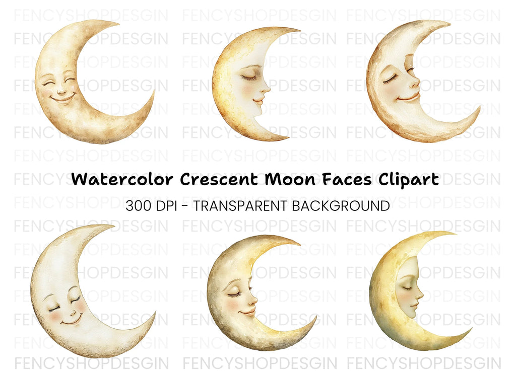Crescent Moon Faces Clipart Bundle