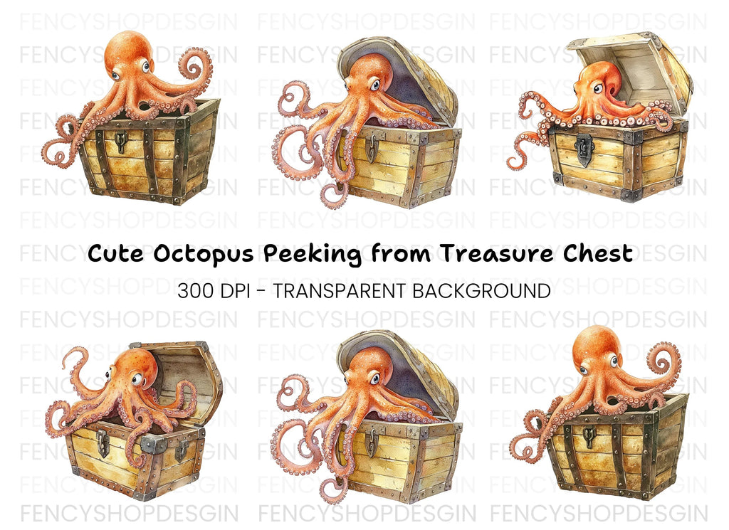 Cute Octopus in Treasure Chest Clipart Bundle