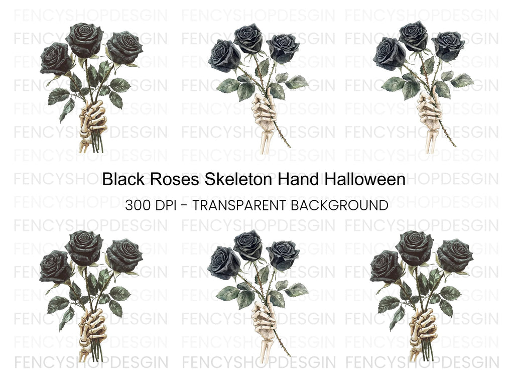 Skeleton Hand with Black Roses Clipart Bundle