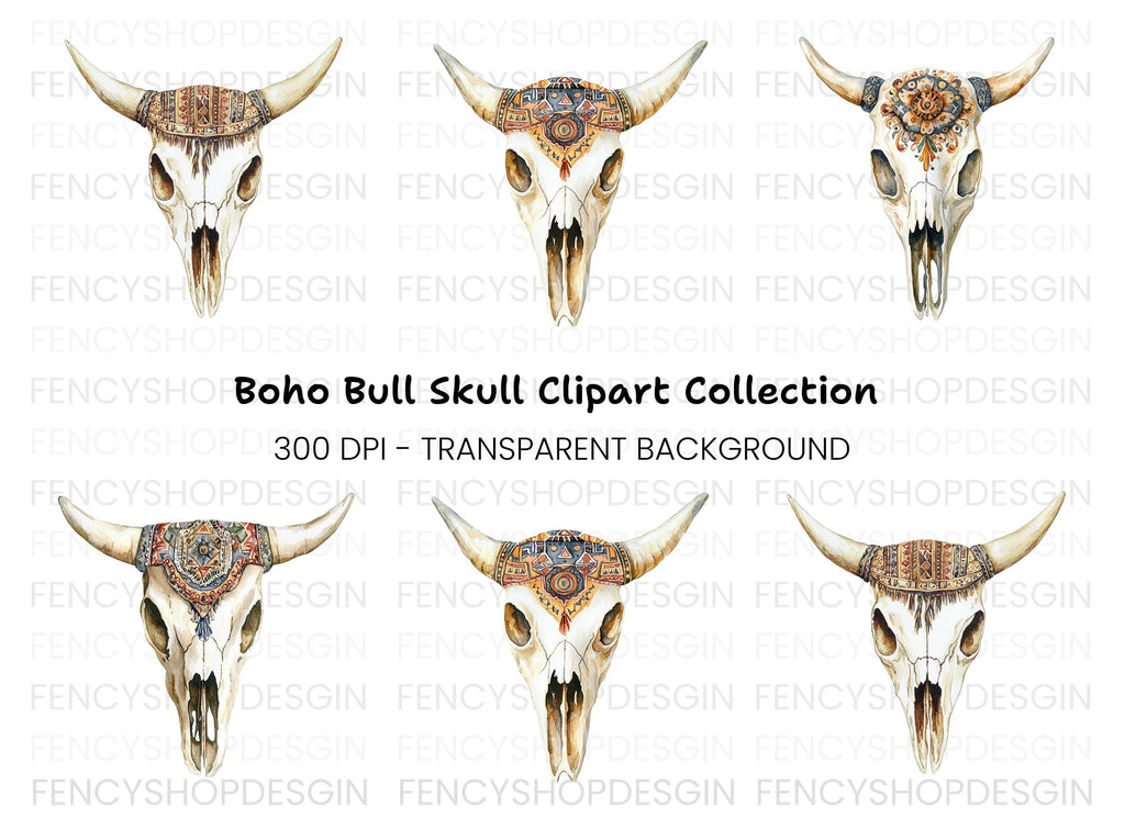 Boho Bull Skulls Clipart Bundle