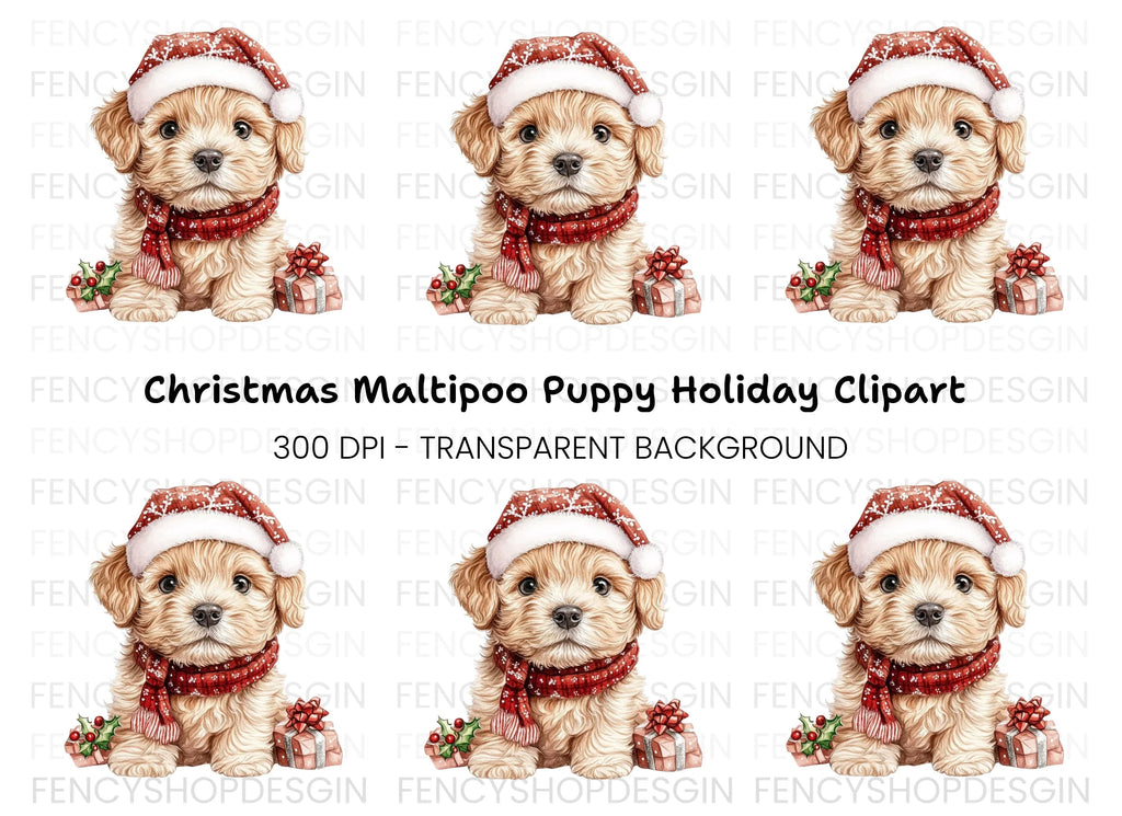 Cute Puppy in Santa Hat Clipart Bundle