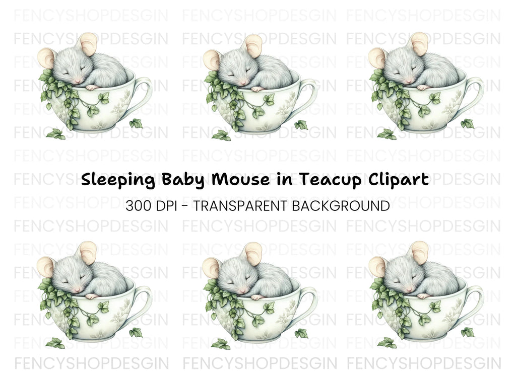 Sleeping Mouse in Teacup Clipart Bundle