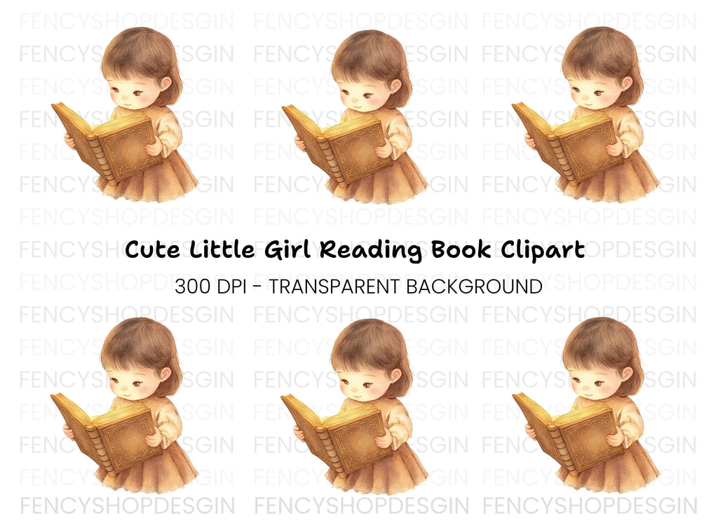 Cute Little Girl Reading Book Clipart Bundle
