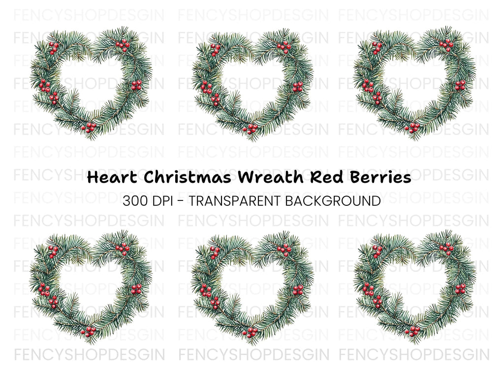 Heart Shaped Pine Wreath with Berries Clipart Bundle
