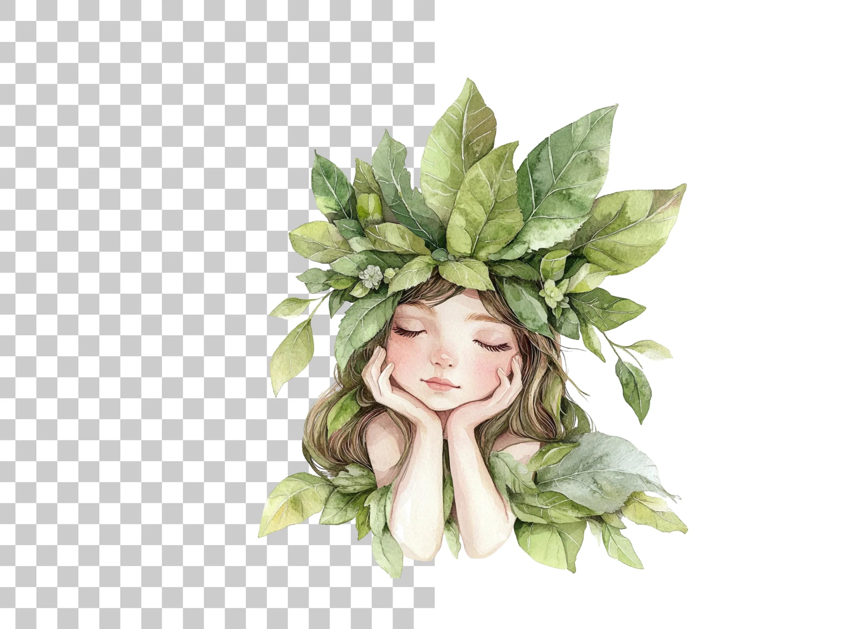 Nature Embrace Green Leaf Girl Clipart Bundle