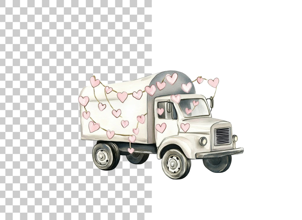 White Valentine Trucks with Heart Garlands Clipart Bundle
