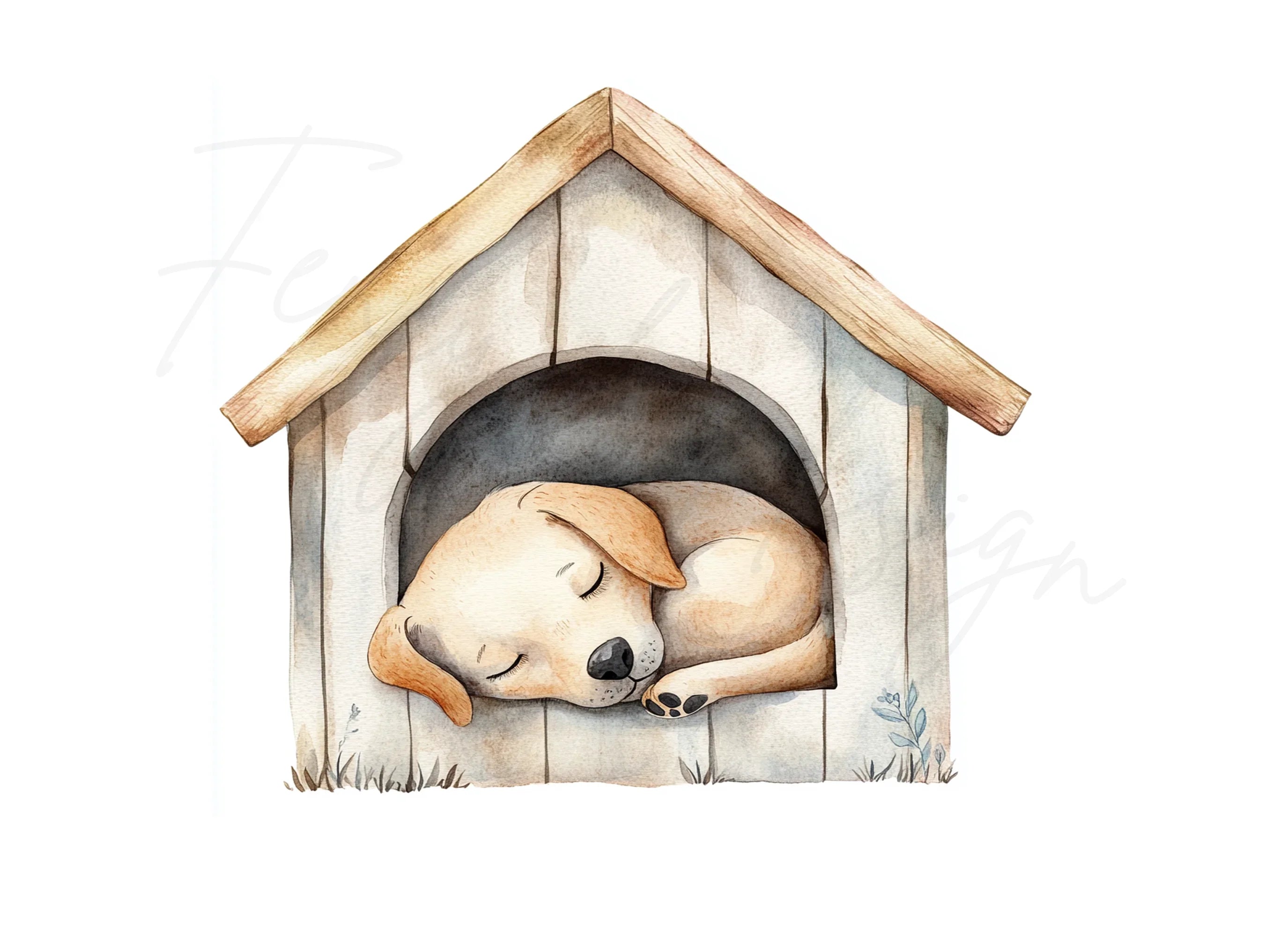 Cute Sleeping Puppies in Dog Houses Clipart Bundle