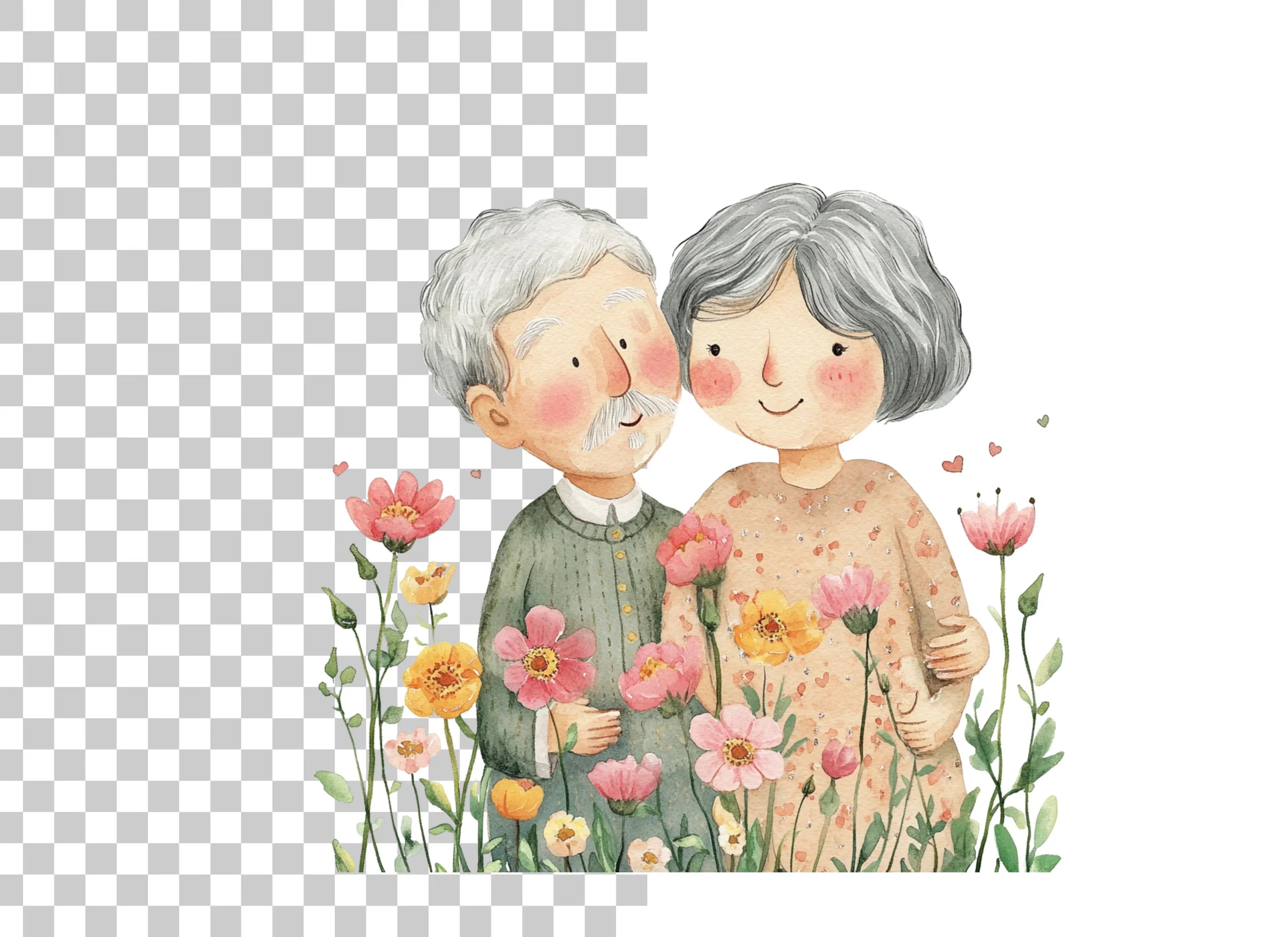Cute Elderly Couple in Flower Garden Clipart Bundle