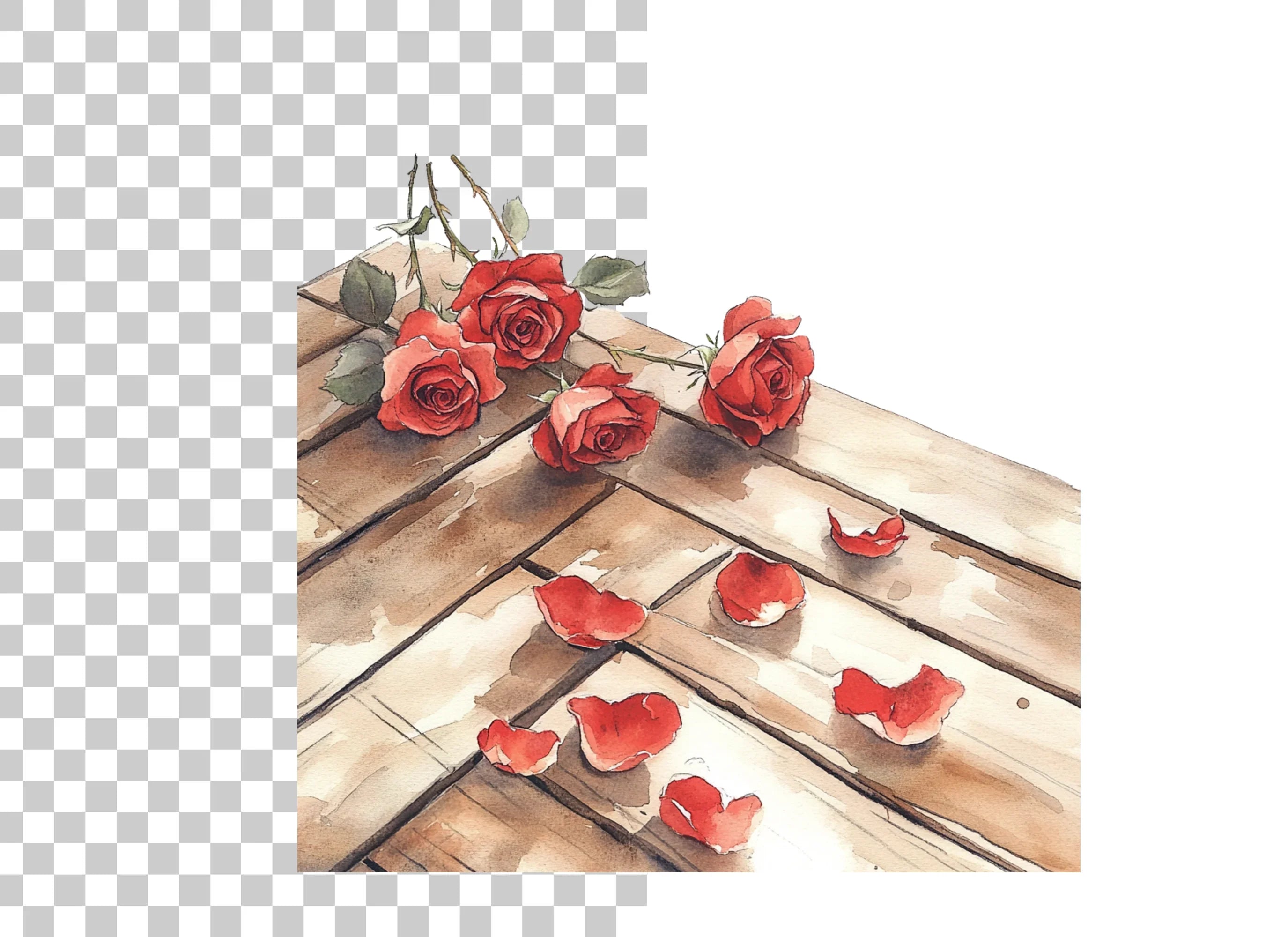 Red Roses and Petals on Wood Clipart Bundle