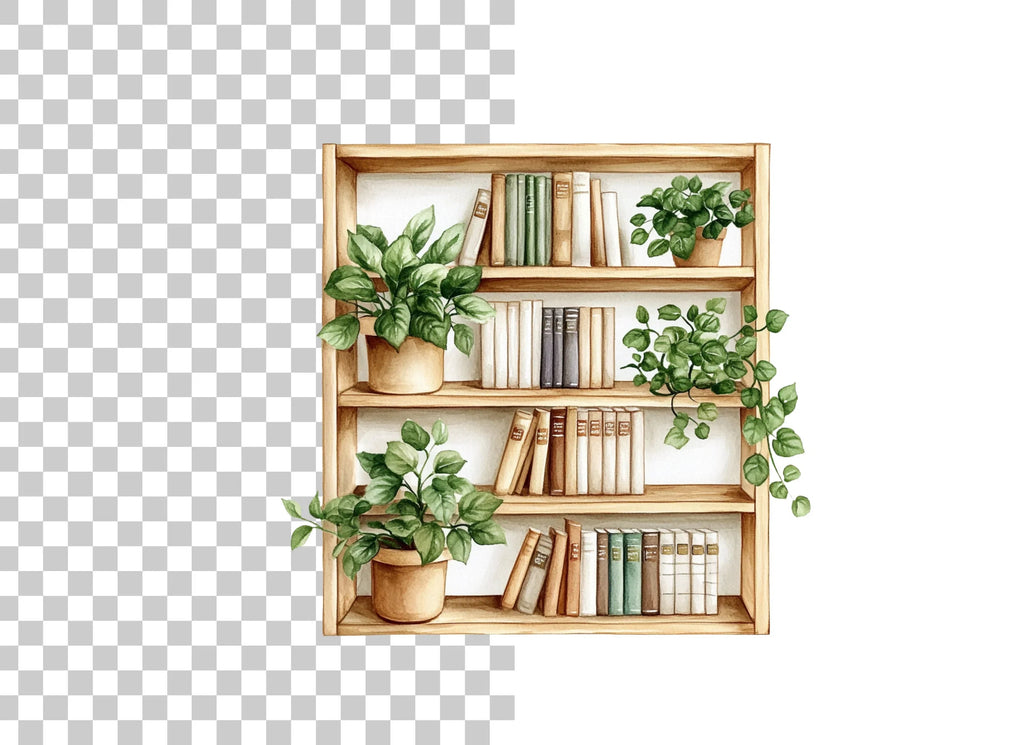 Wooden Bookshelf with Plants Clipart Bundle