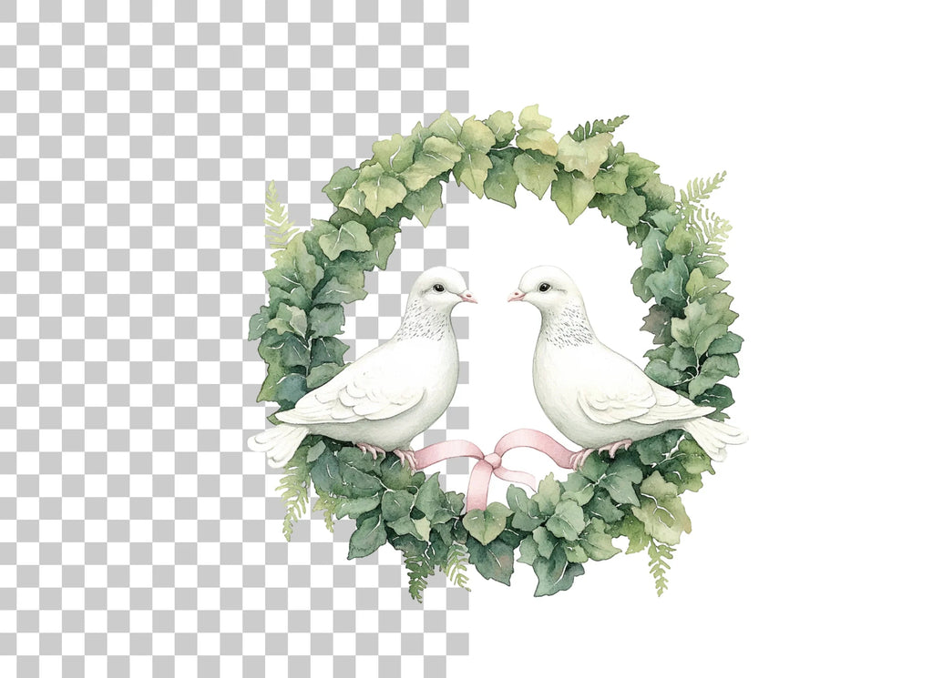 Doves in Greenery Wreath Clipart Bundle