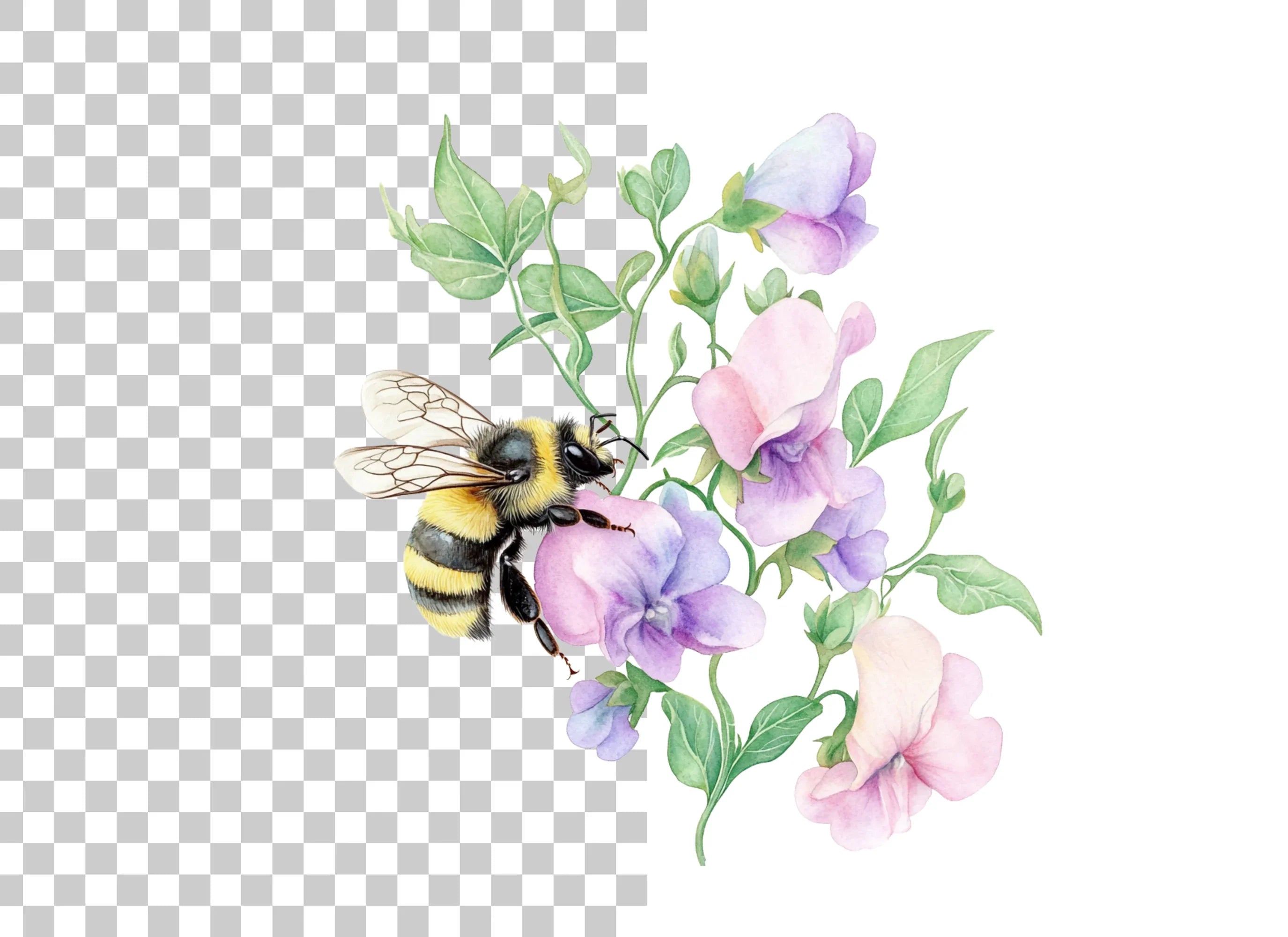 Sweet Pea Flowers with Bumblebees Clipart Bundle