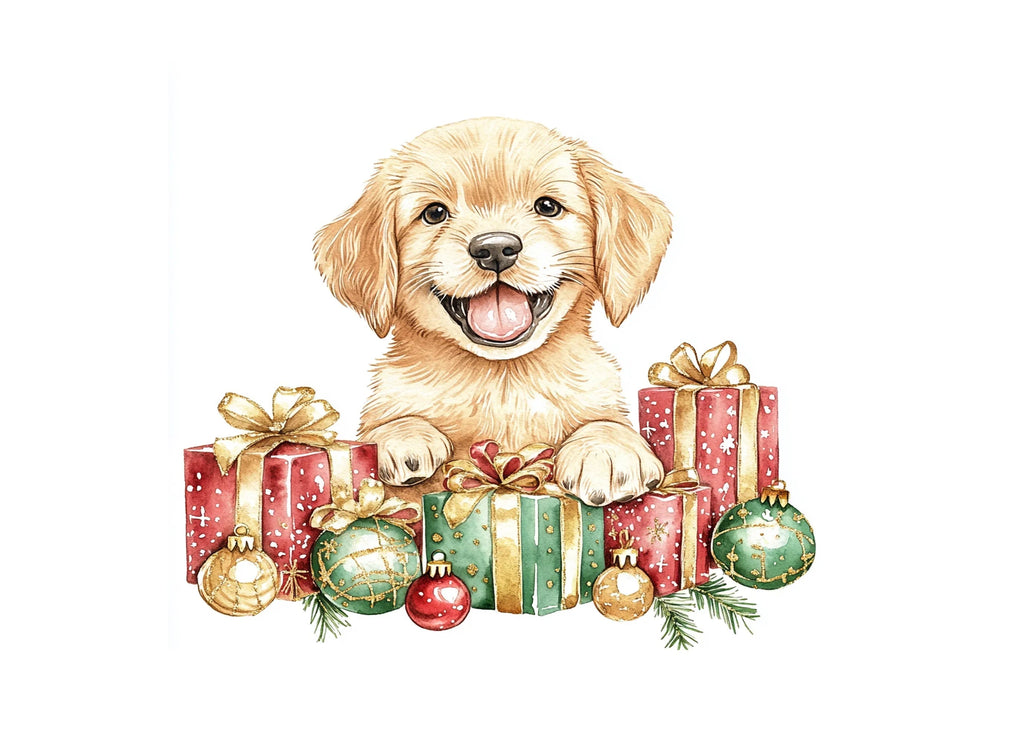 Happy Christmas Puppies with Presents Clipart Bundle