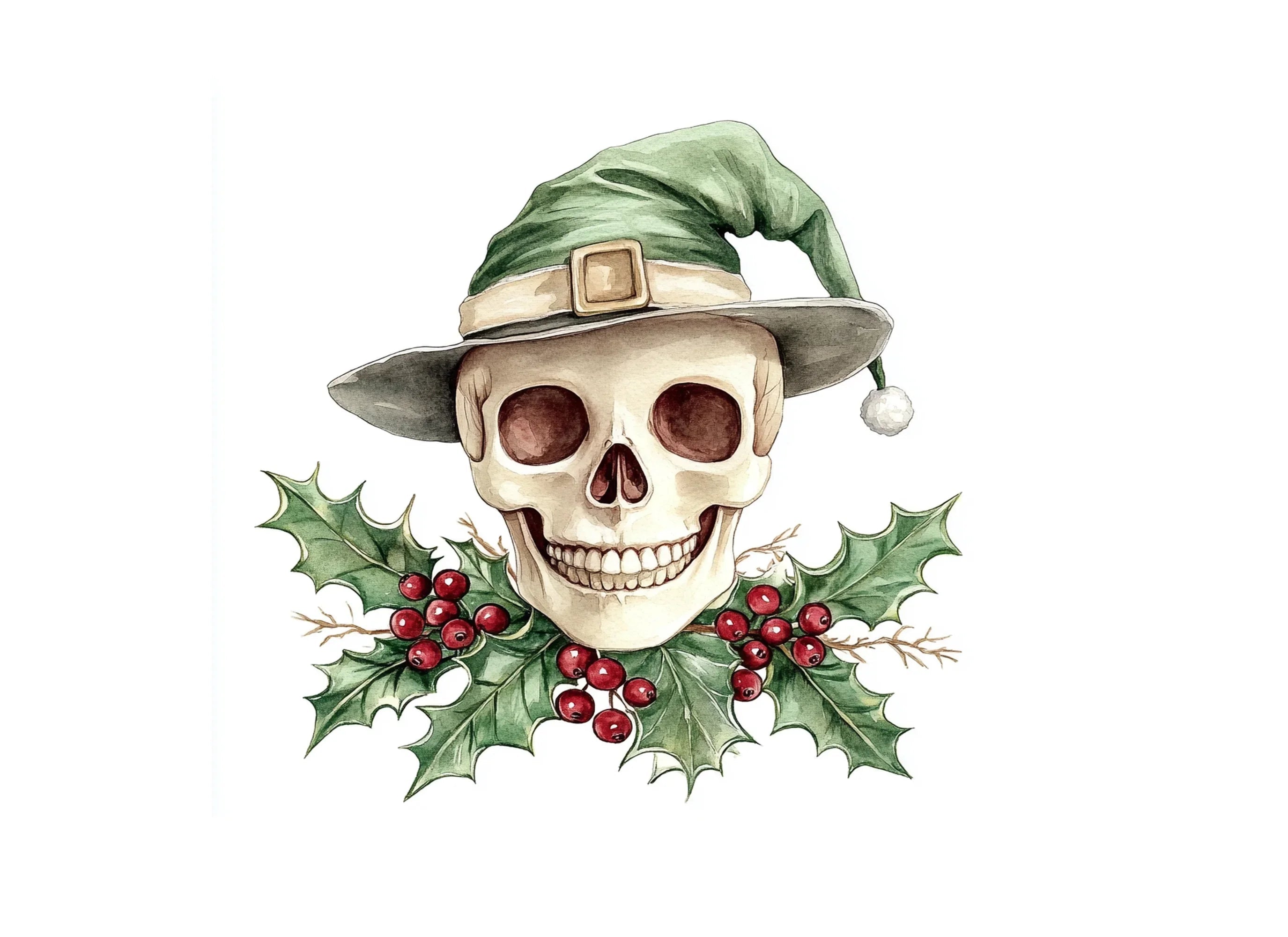 Elf Skulls with Holly Berries Clipart Bundle