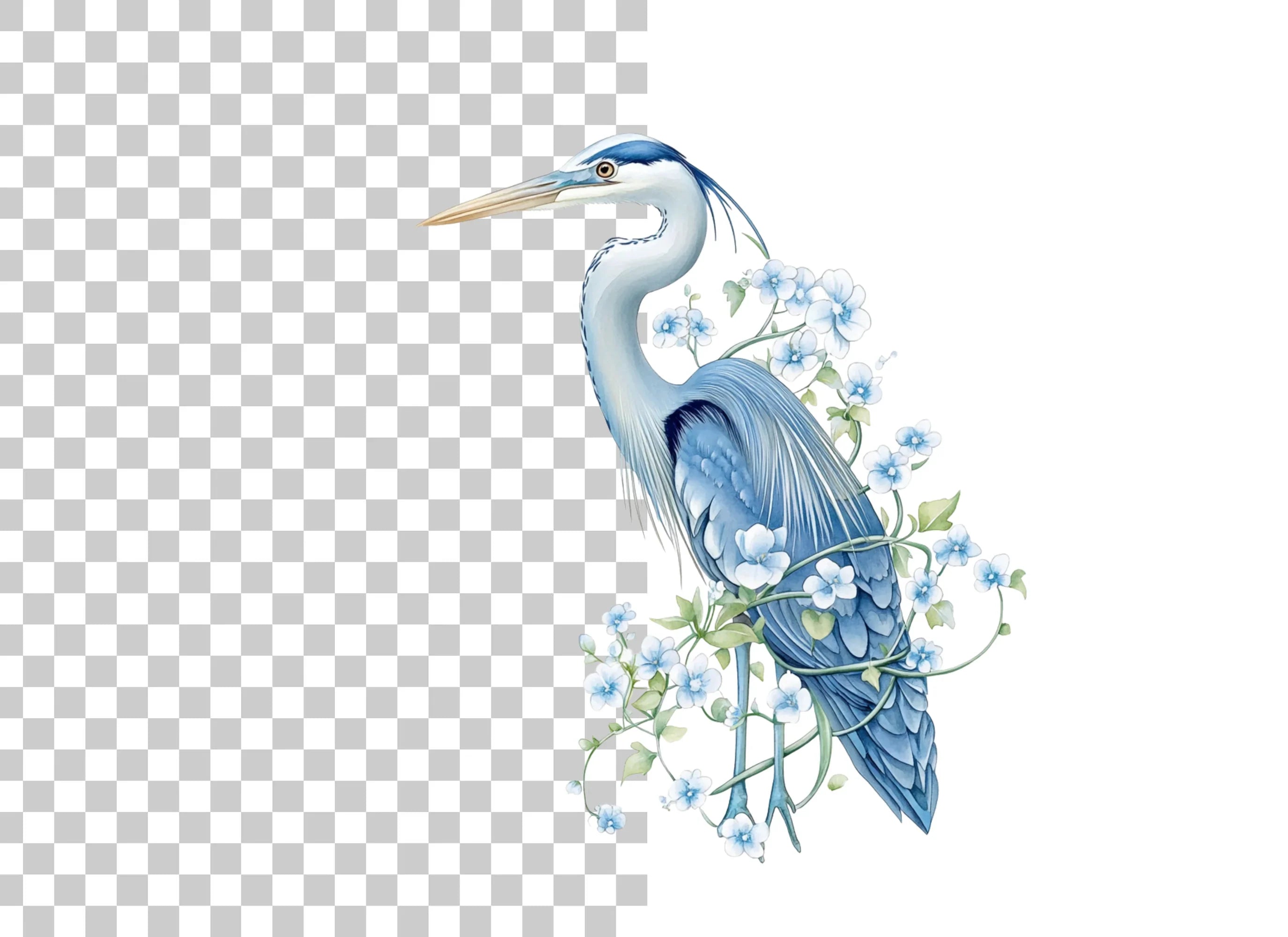 Elegant Blue Heron with White Flowers Clipart Bundle
