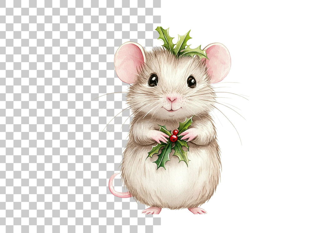 Cute Christmas Mouse with Holly Clipart Bundle