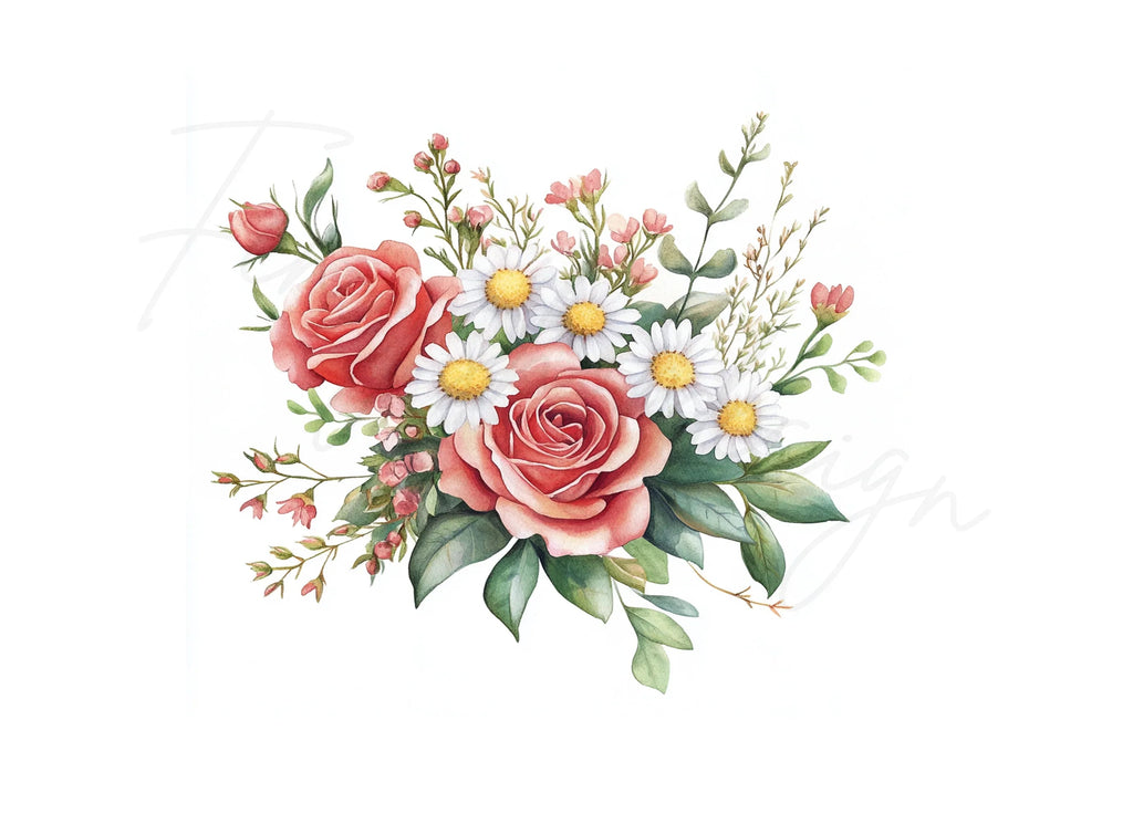Roses and Daisies Bouquet Clipart Bundle