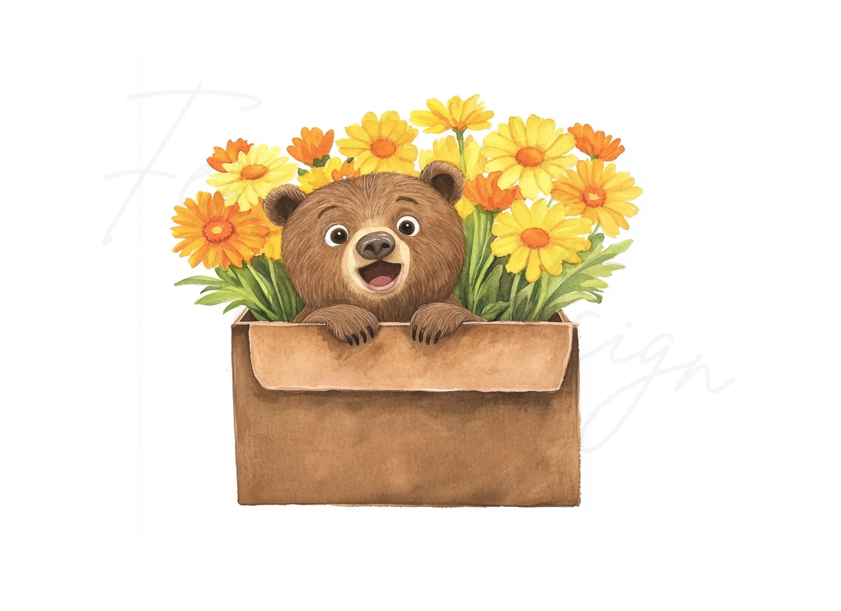 Cute Bear with Marigold Flowers Clipart Bundle