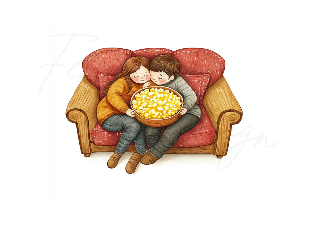 Cozy Couple Popcorn Movie Night Clipart Bundle