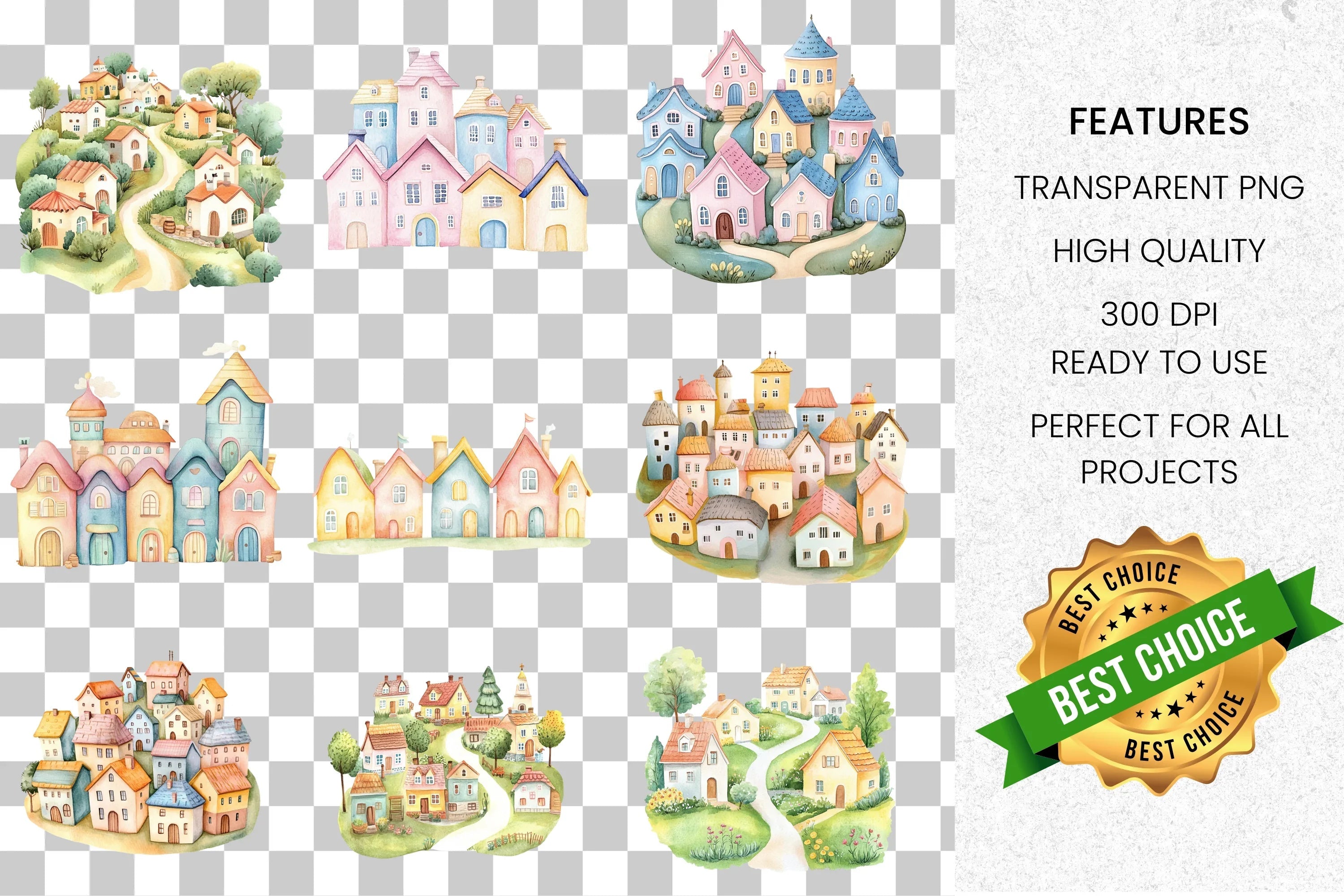 Pastel Houses Village Clipart Bundle