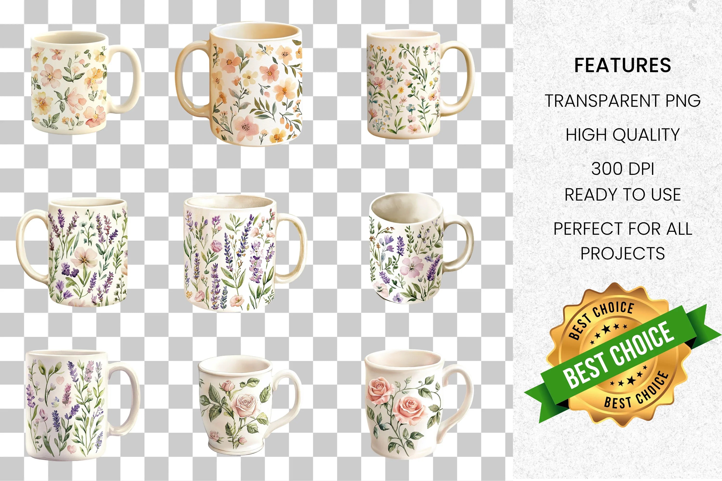 Charming Floral Mugs Clipart Bundle
