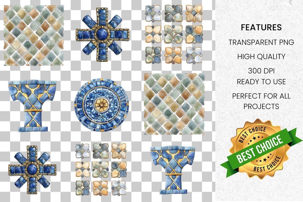 Mediterranean Tile Mosaic Clipart Bundle