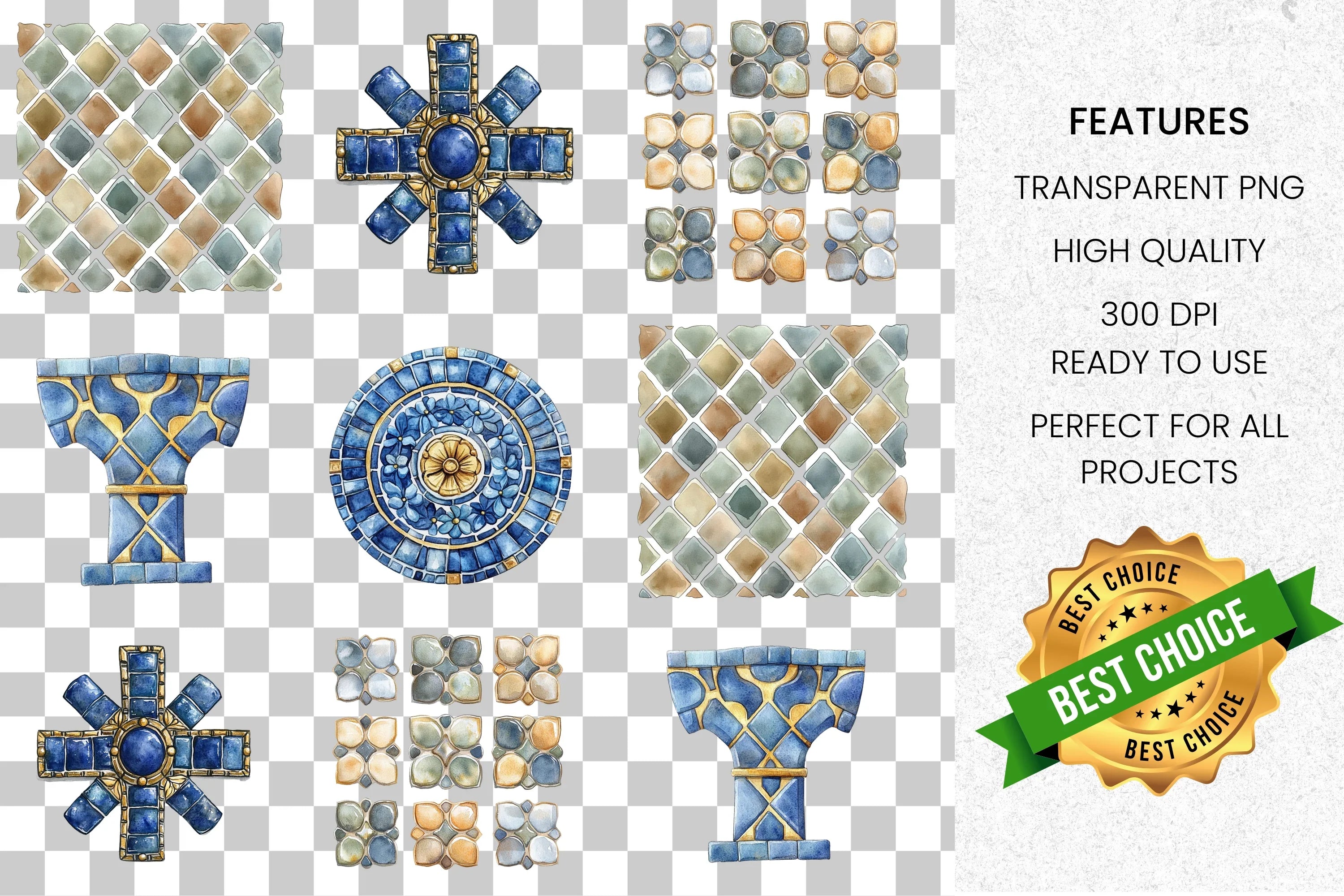 Mediterranean Tile Mosaic Clipart Bundle