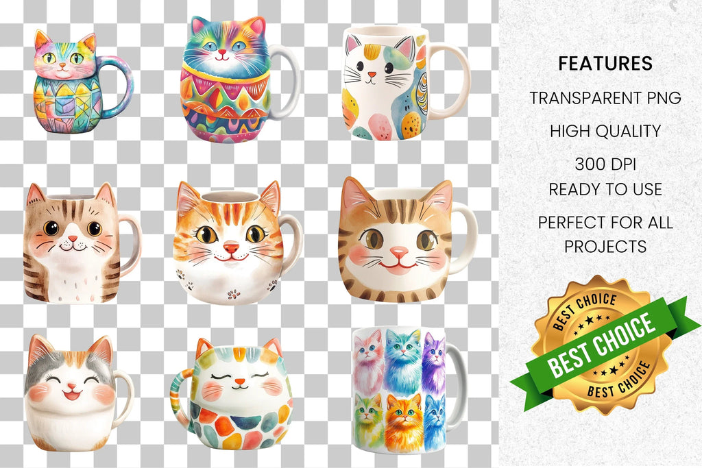 Adorable Cat Mugs Clipart Bundle