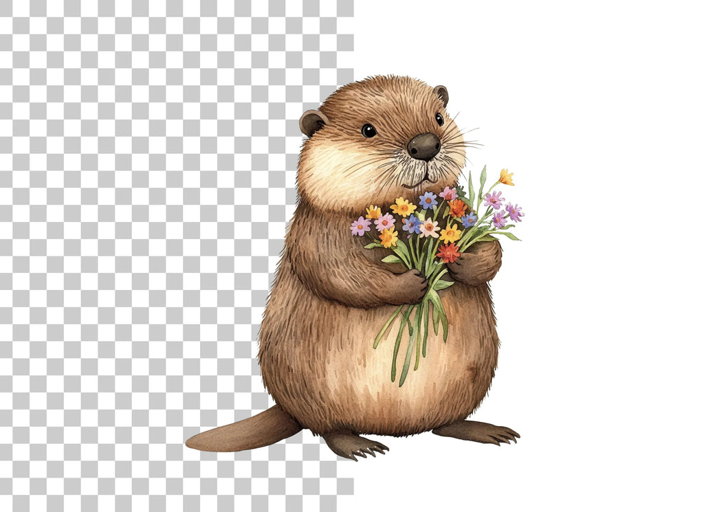 Cute Otters Holding Flower Bouquets Clipart Bundle