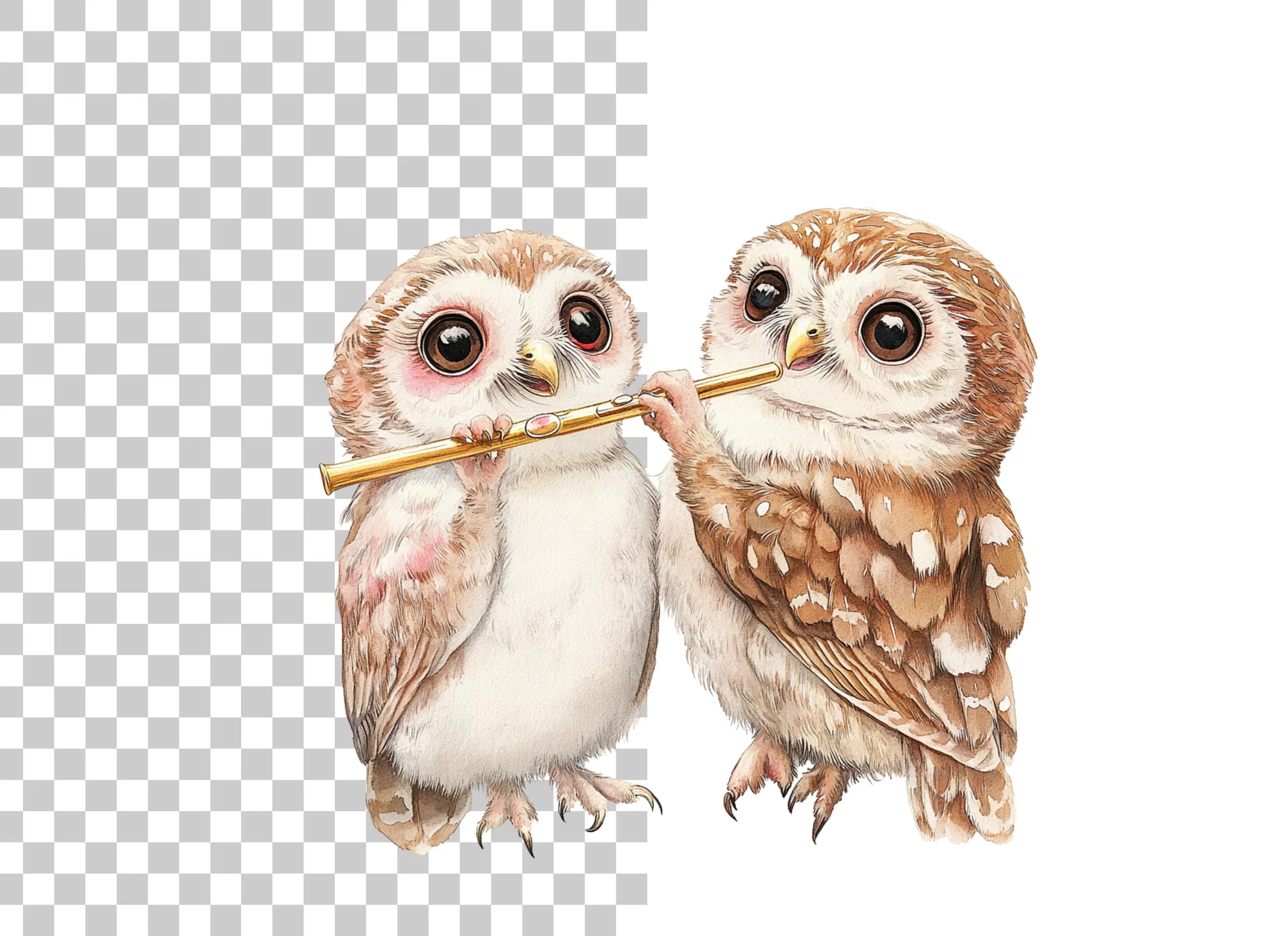 Cute Owls Playing Flute Clipart Bundle