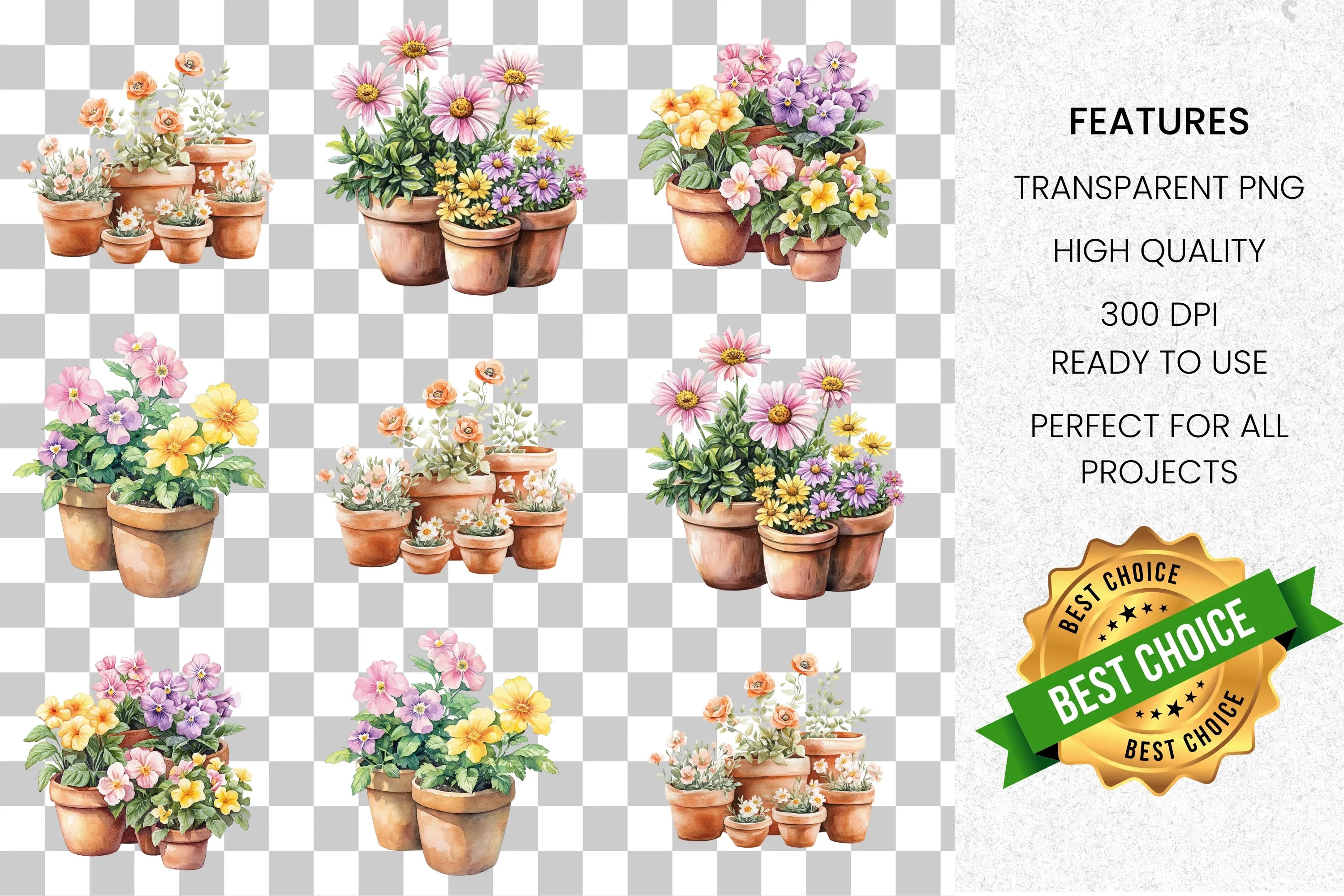 Potted Garden Flowers Clipart Bundle