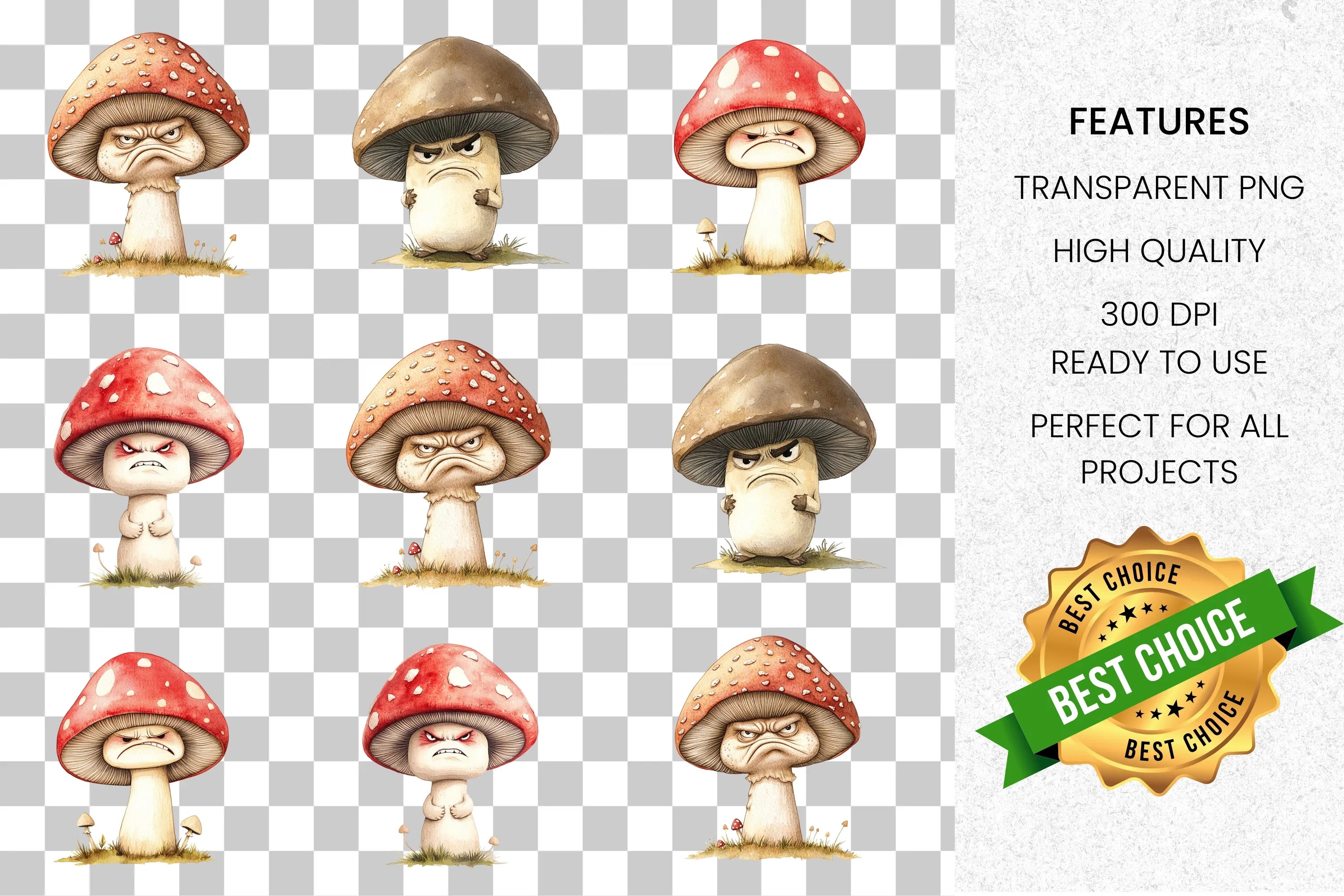 Angry Cartoon Mushroom Clipart Bundle