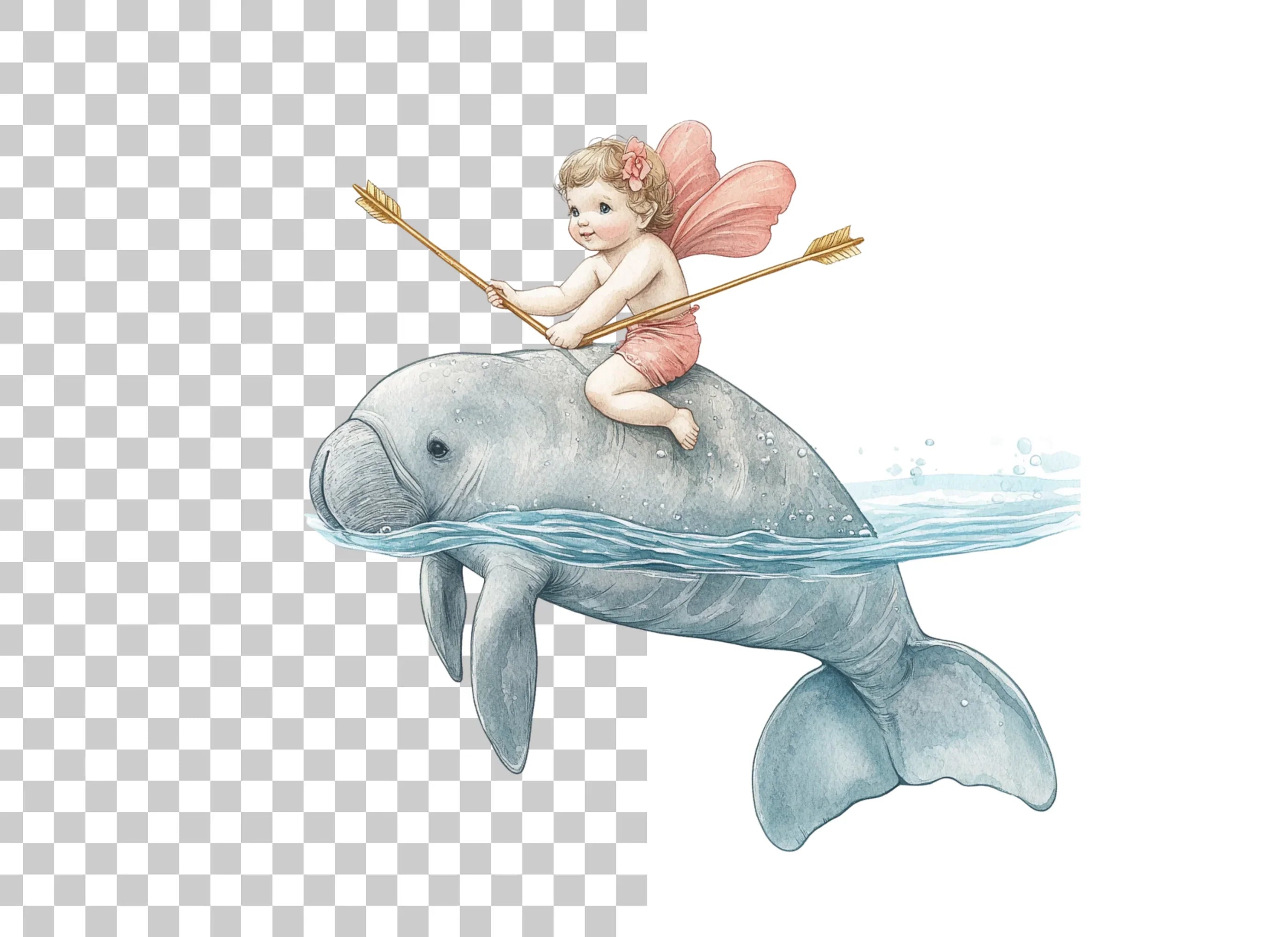 Cupid Riding Manatee Clipart Bundle
