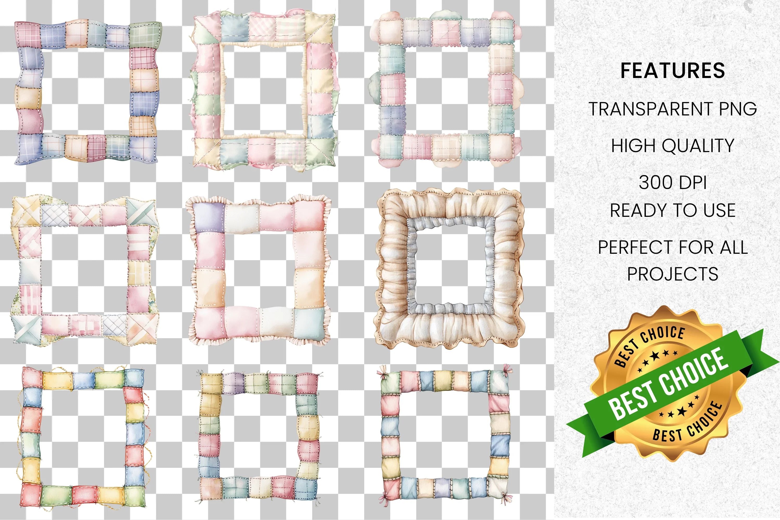 Soft Pastel Quilted Fabric Frames Clipart Bundle