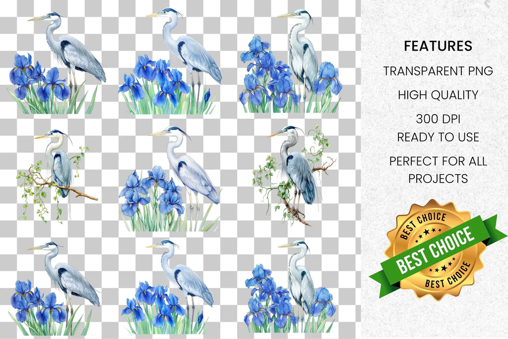 Graceful Heron and Iris Floral Clipart Bundle