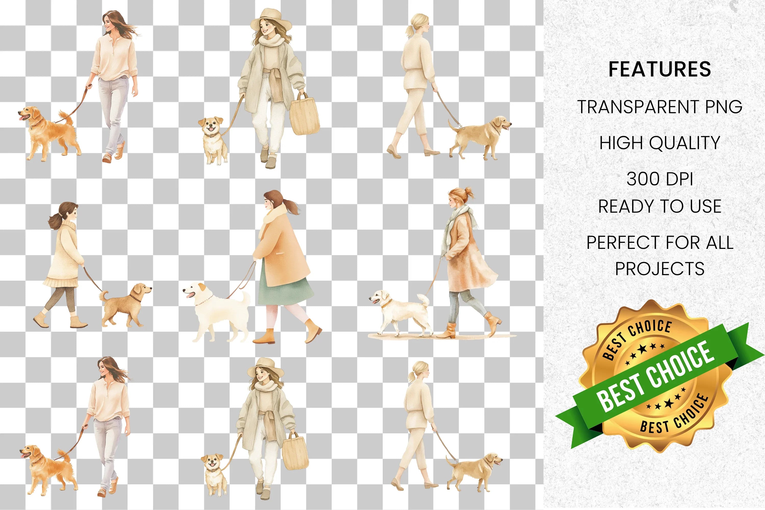 Women Walking Dogs Clipart Bundle