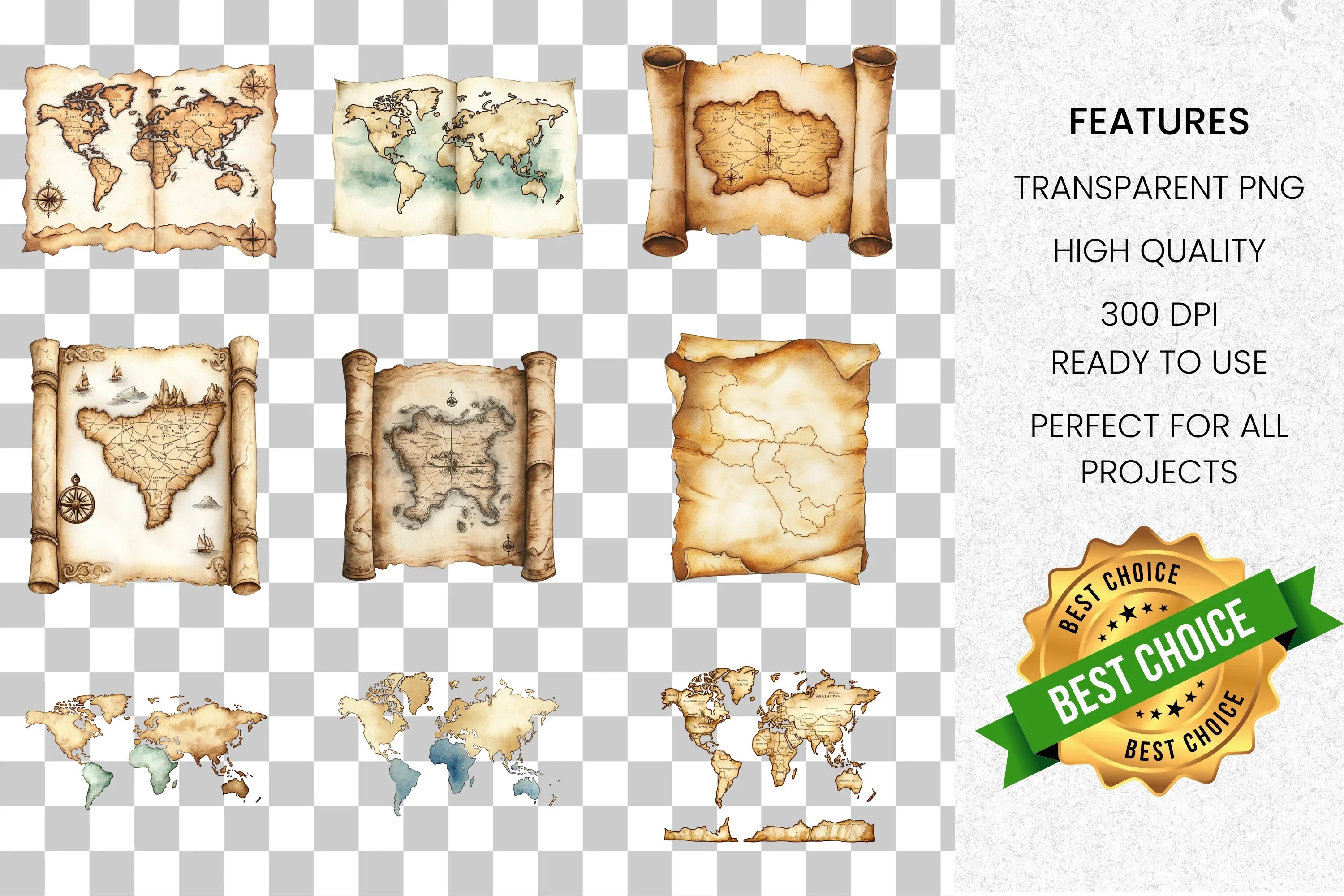 Vintage World Map Scroll Clipart Bundle