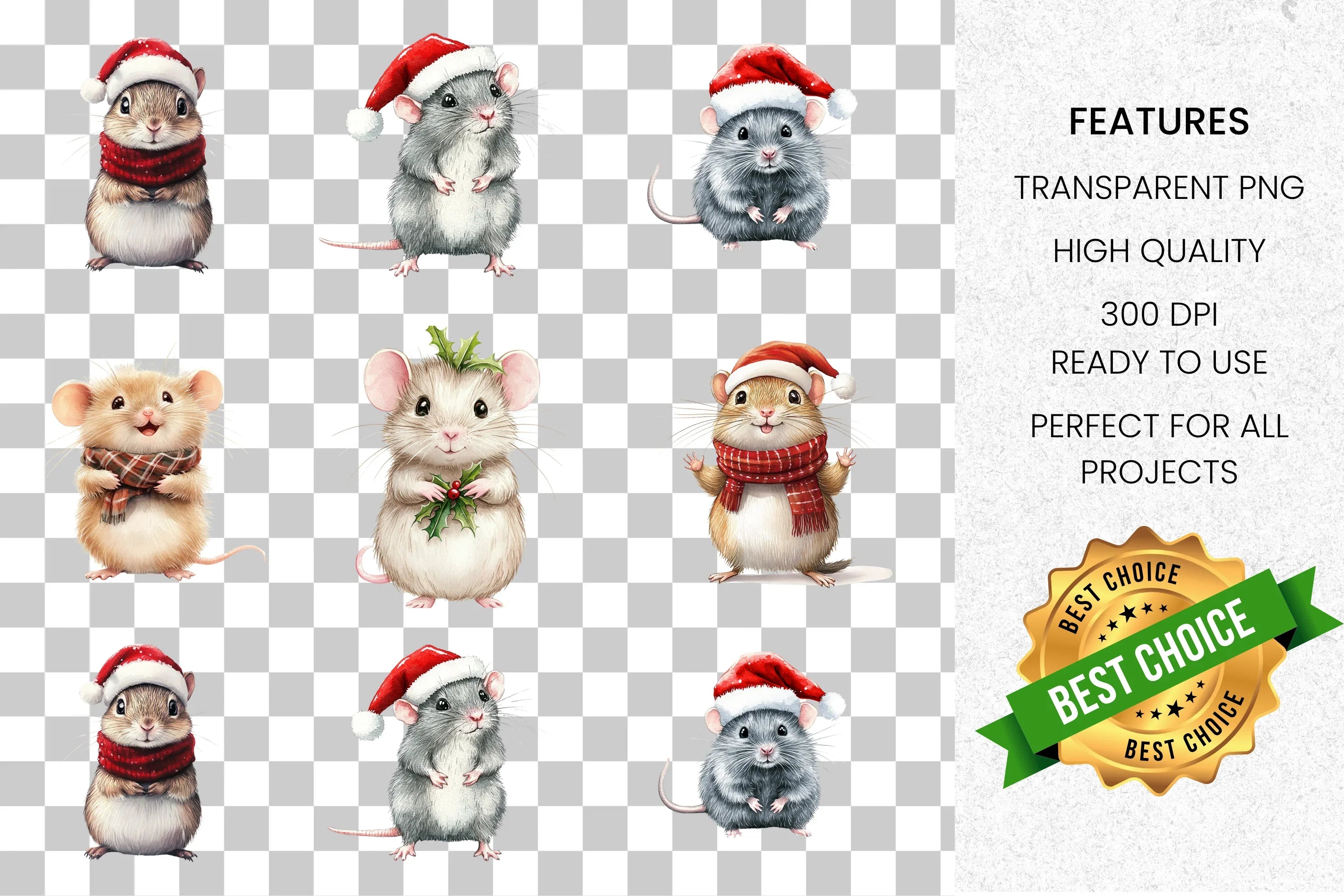 Cute Christmas Mice Clipart Bundle