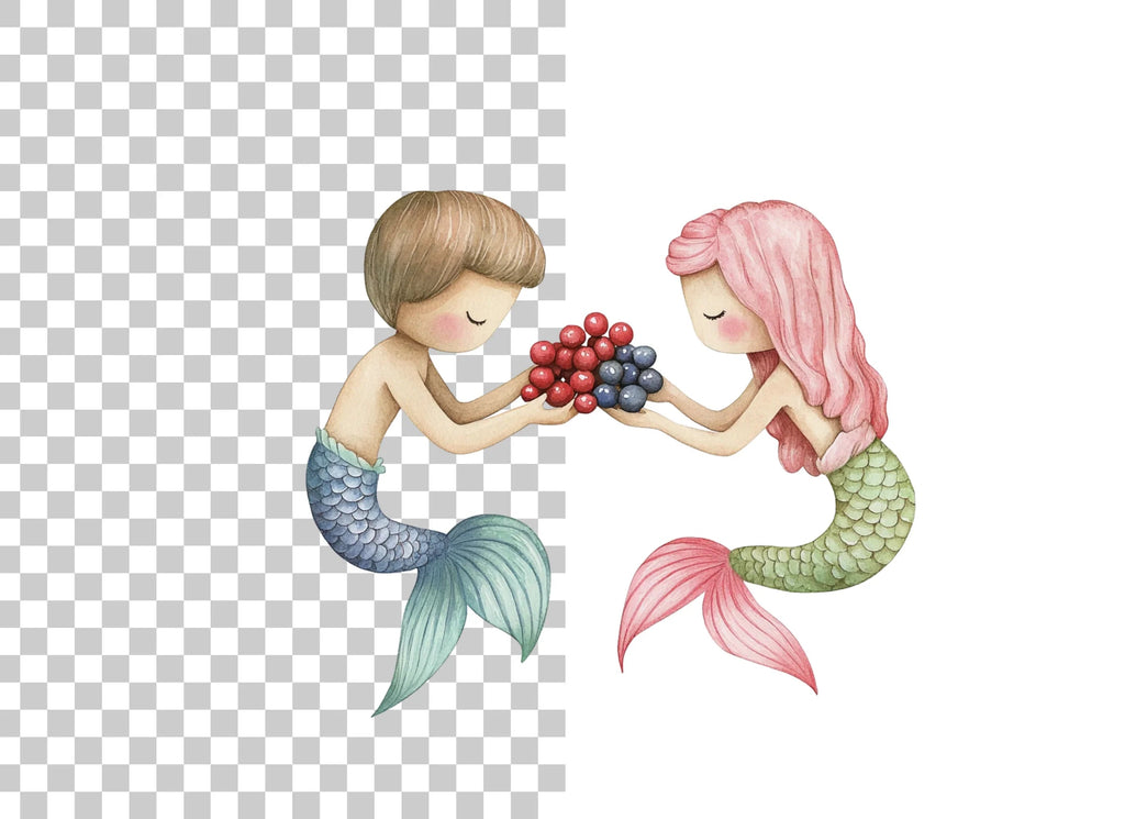 Sweet Mermaid Couple with Berries Clipart Bundle