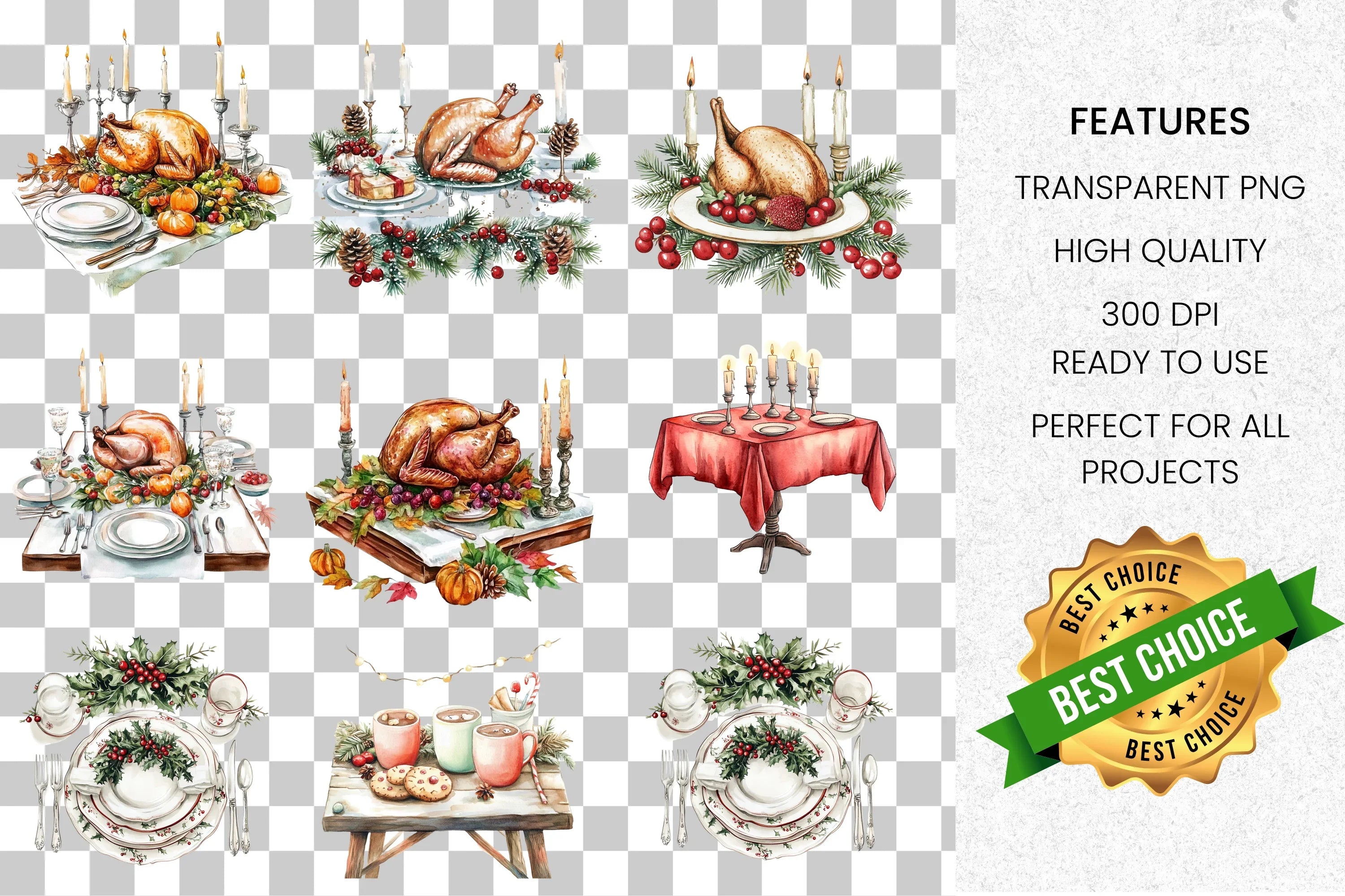 Christmas Dinner Table Setting Clipart Bundle